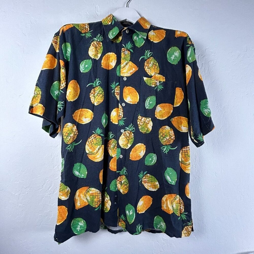 St. Croix Shop Men's Pineapple Print Casual Button Up Shirt Black/Yellow Large